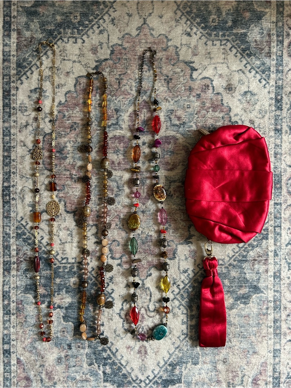 Vintage BCBGMAXAZRIA Red Satin Pleated Clutch Bag & 3 Boho Beaded Necklaces Lot